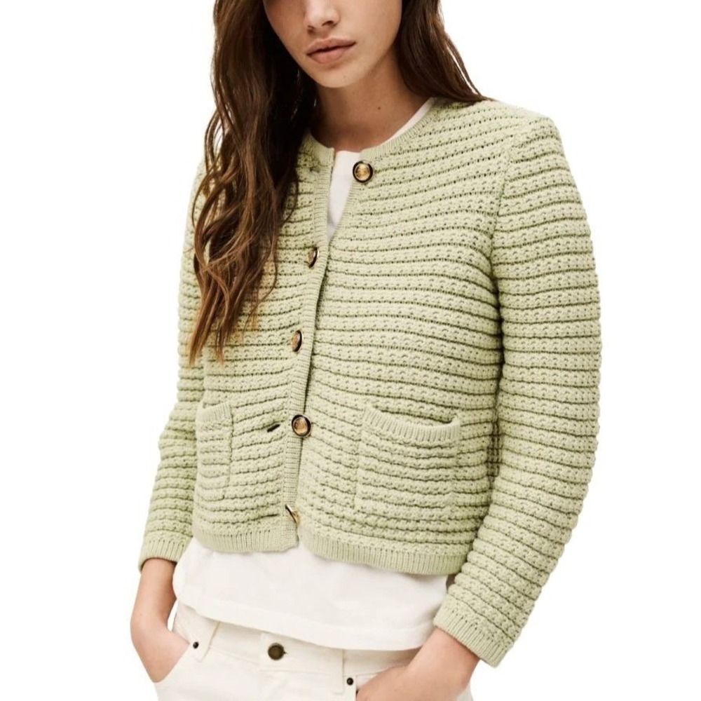 ba&sh Gaspard Cardigan Sage Green Chunky Knit Gold Button Women Cropped Sz S